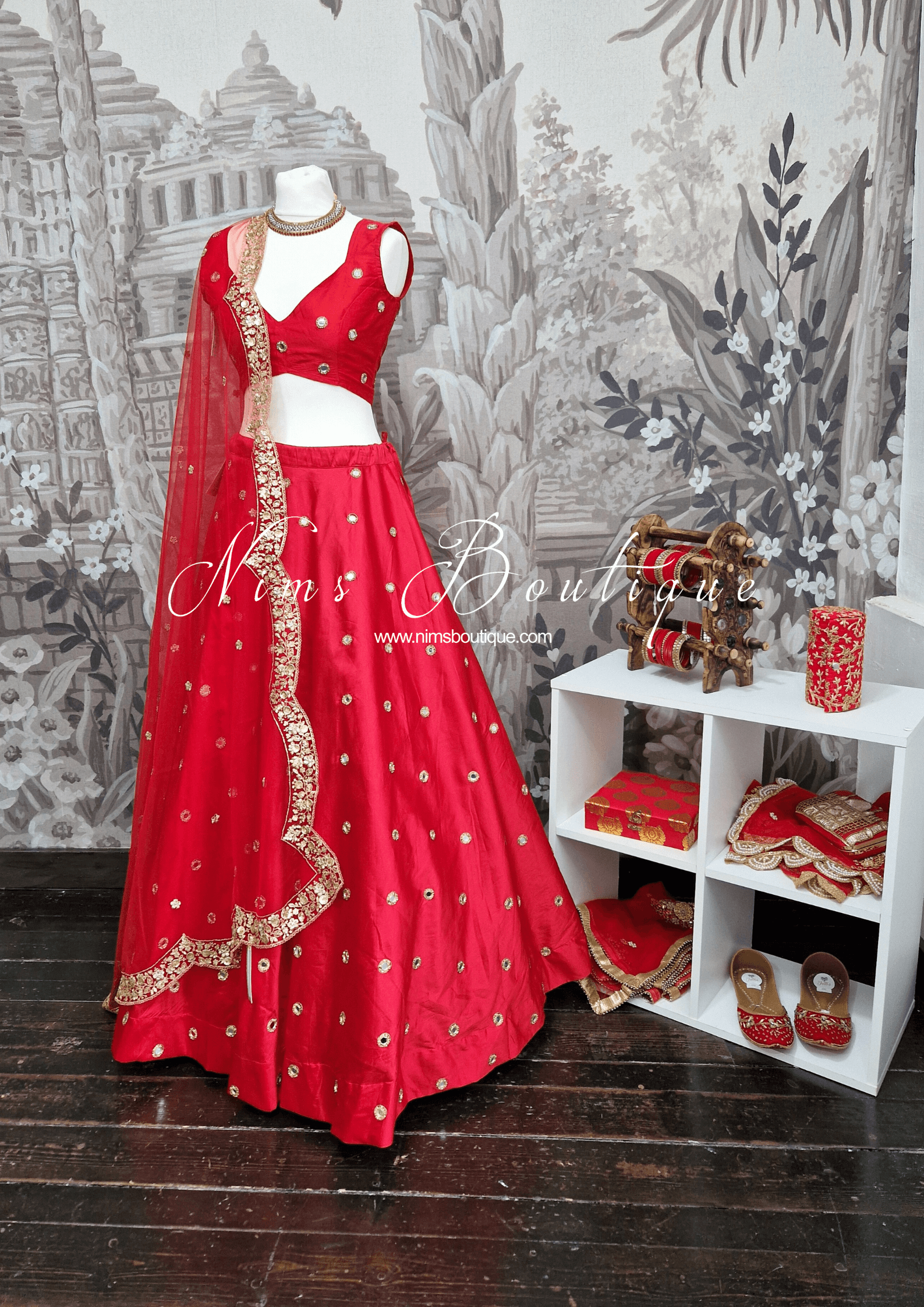Nims Boutique Luxury Red Net Sequin Scallop Edge Dupatta/Chunni SE2