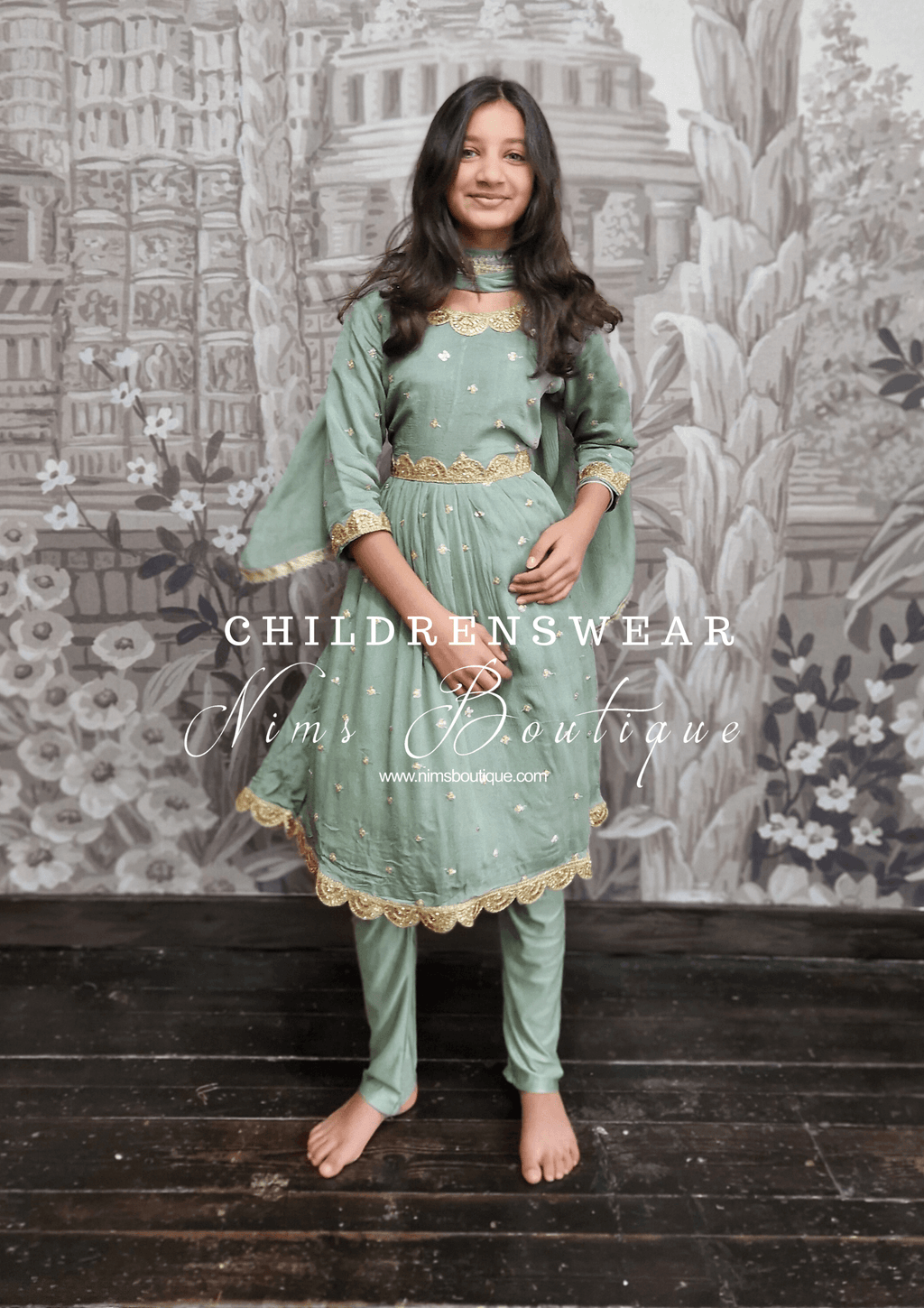 Nims Boutique Sage Green Sequin Frock Kids Pajami Suit