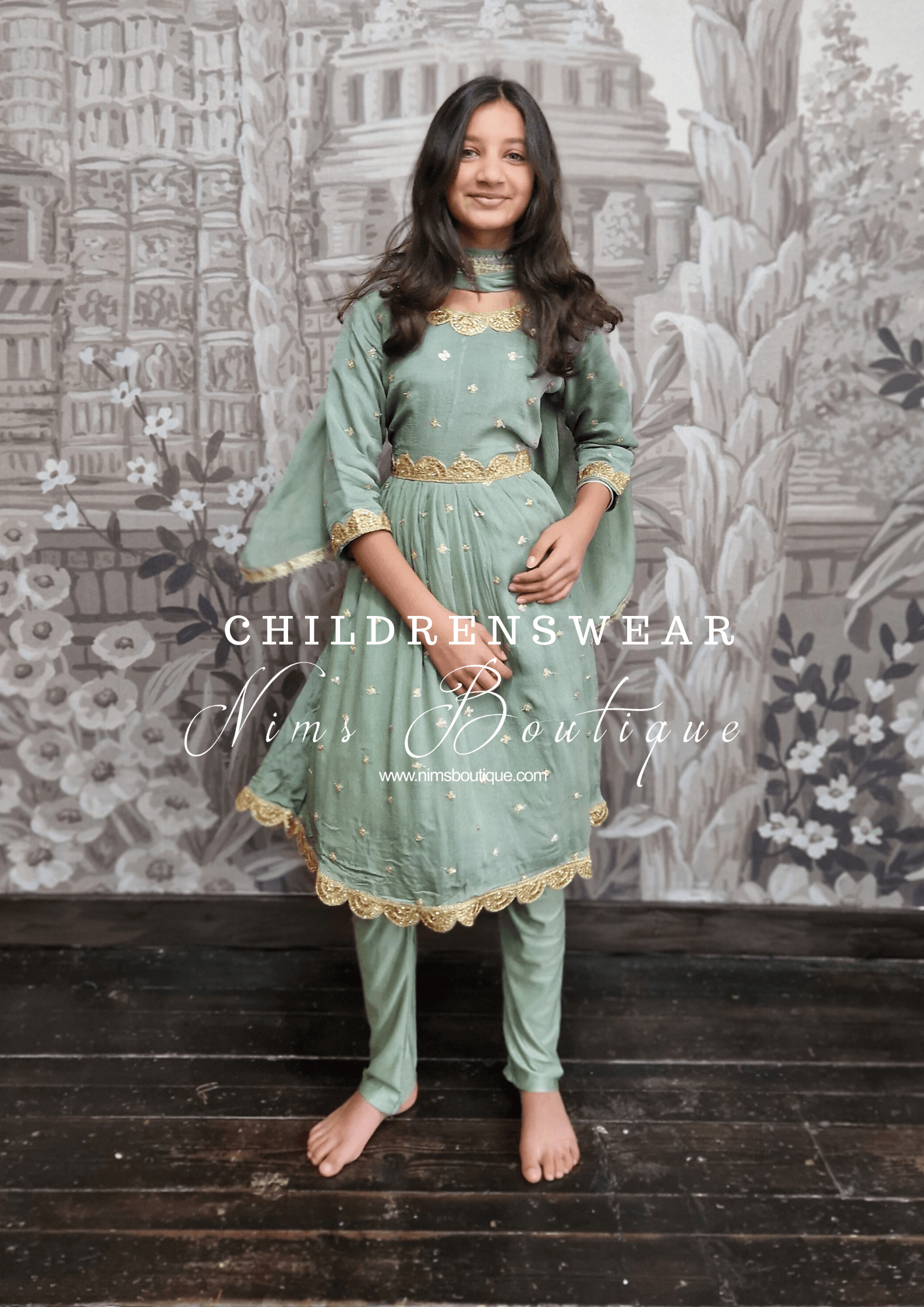 Nims Boutique Sage Green Sequin Frock Kids Pajami Suit