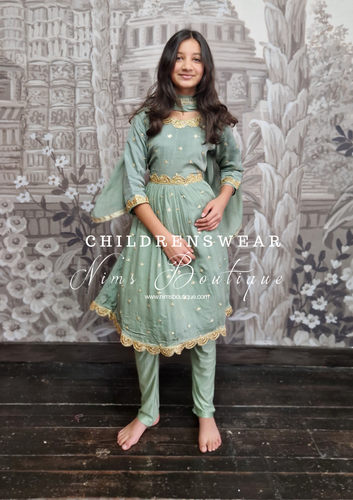 Sage Green Sequin Frock Kids Pajami Suit