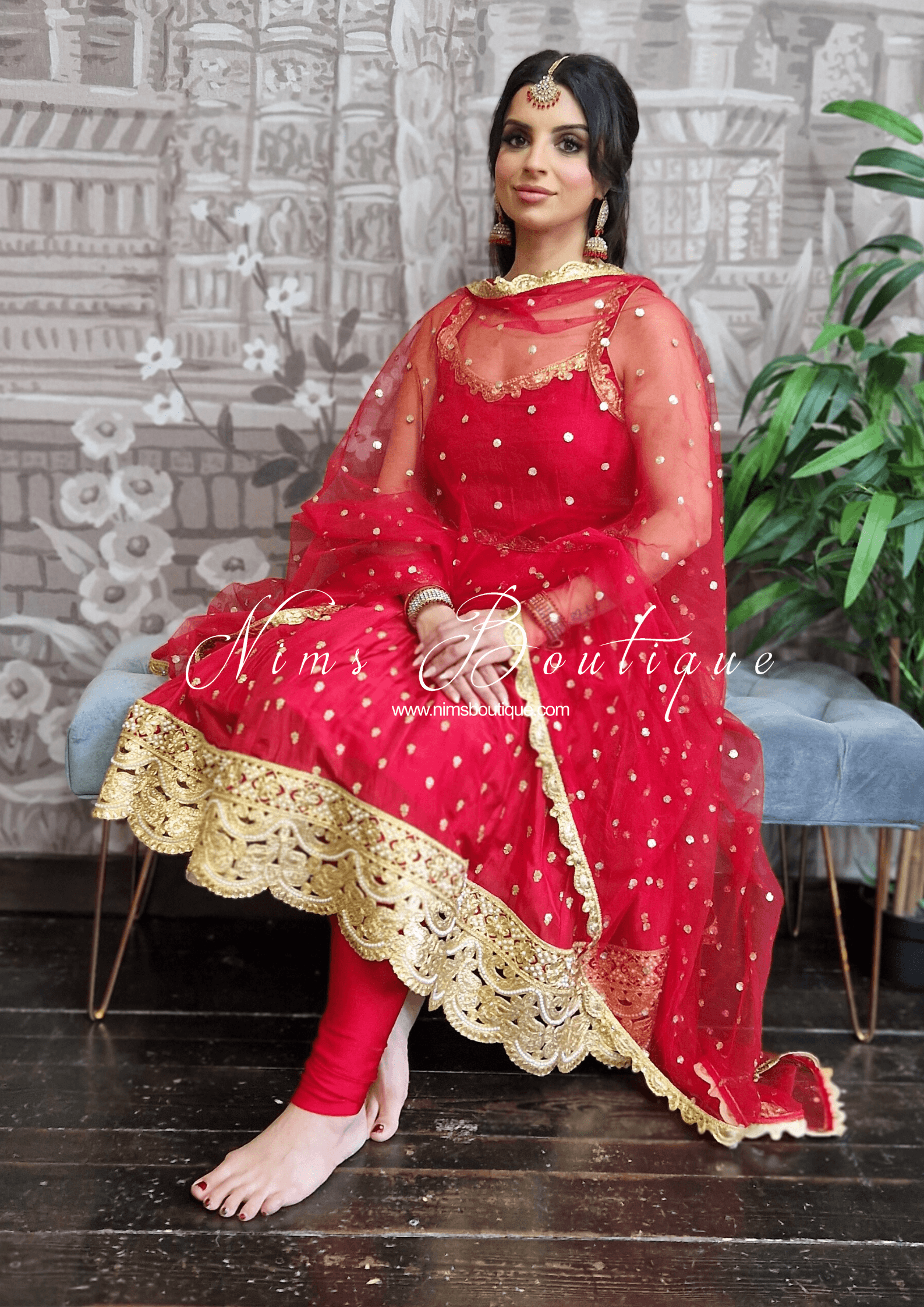 Nims Boutique The NB Luxury Red Silk Anarkali with Pajami size 4-12