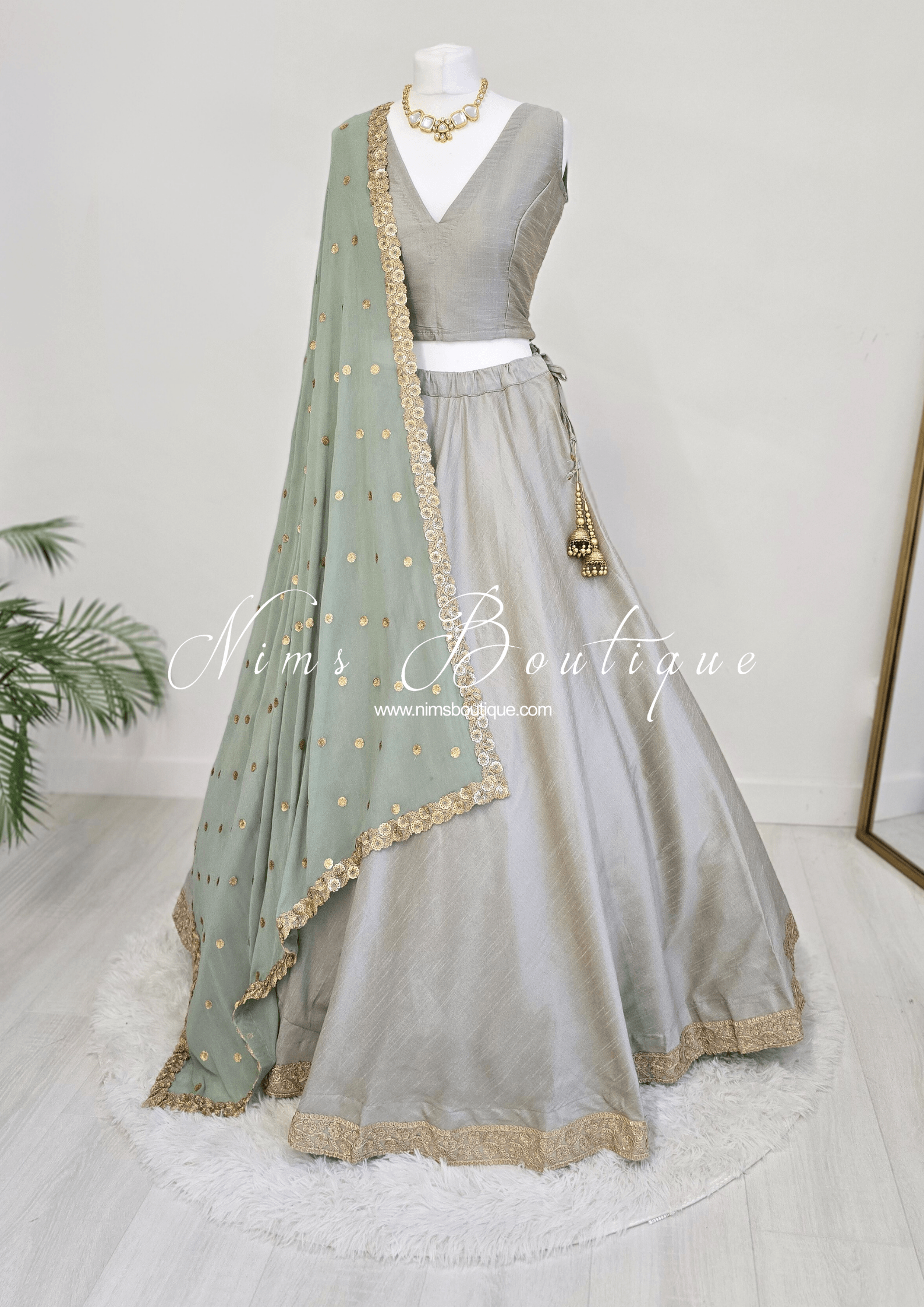 Nims Boutique Ria Luxury Sage Green Georgette Dupatta/Chunni