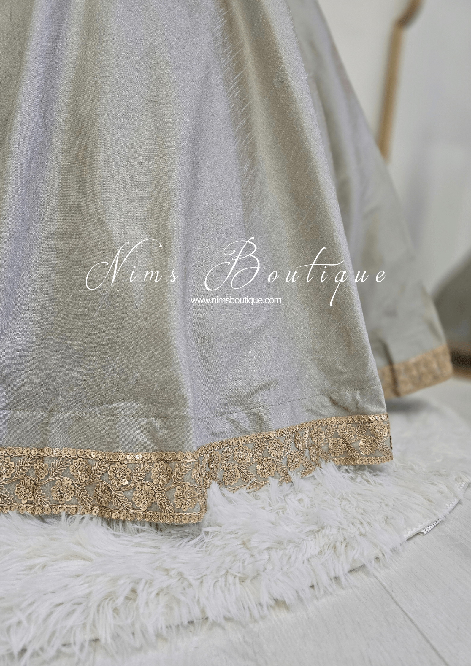 Nims Boutique Saloni Readymade Sage Grey Raw Silk skirt/lehnga sizes 4-24