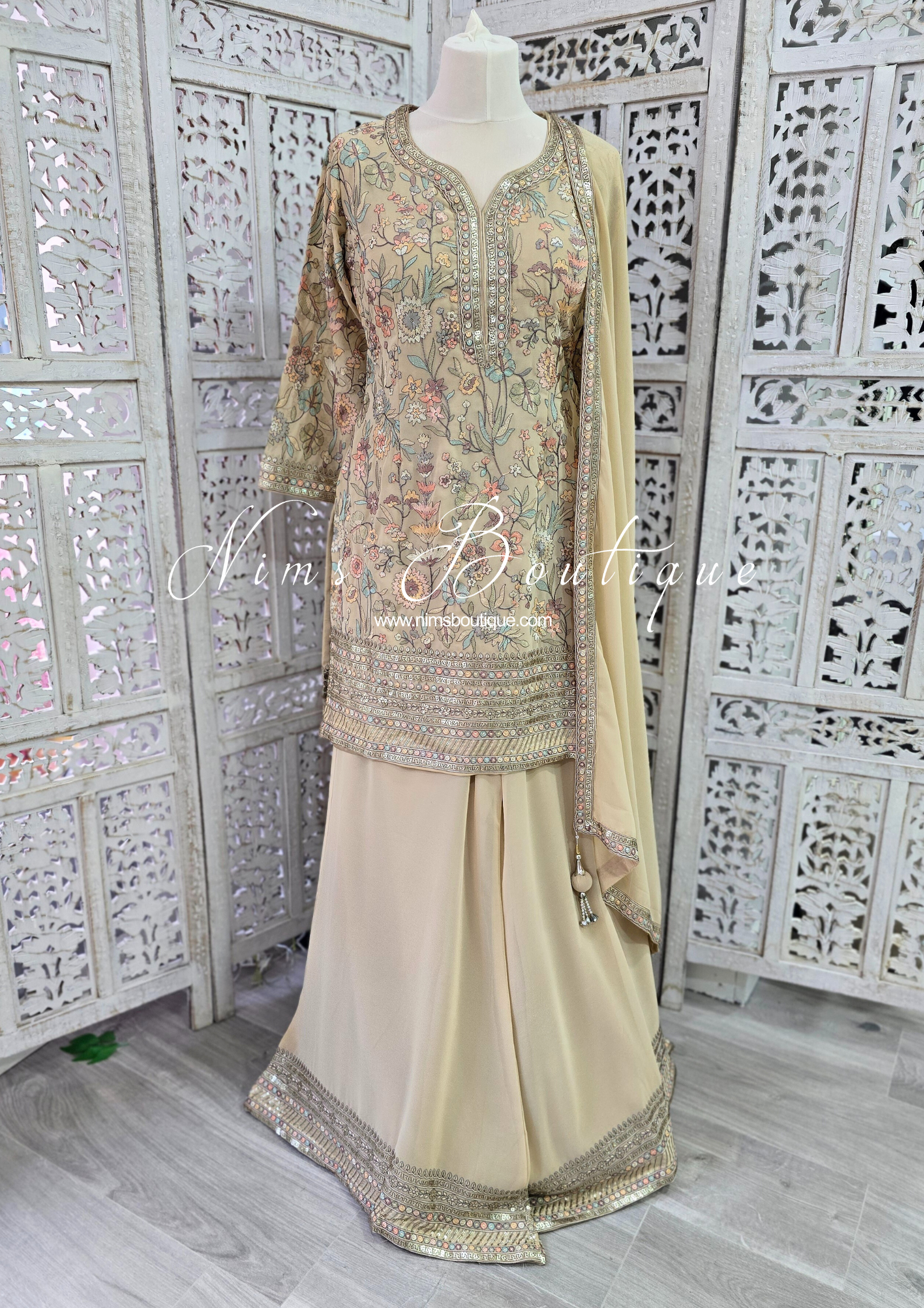 Luxury Beige Embroidered Sharara Suit (Size 12)