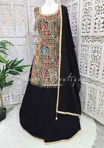 Black Multicolour Embroidered Sharara Suit (Size 12-14)