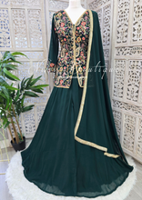 Dark Green Multicolour Embroidered Jacket Sharara Suit (Size 10-12)