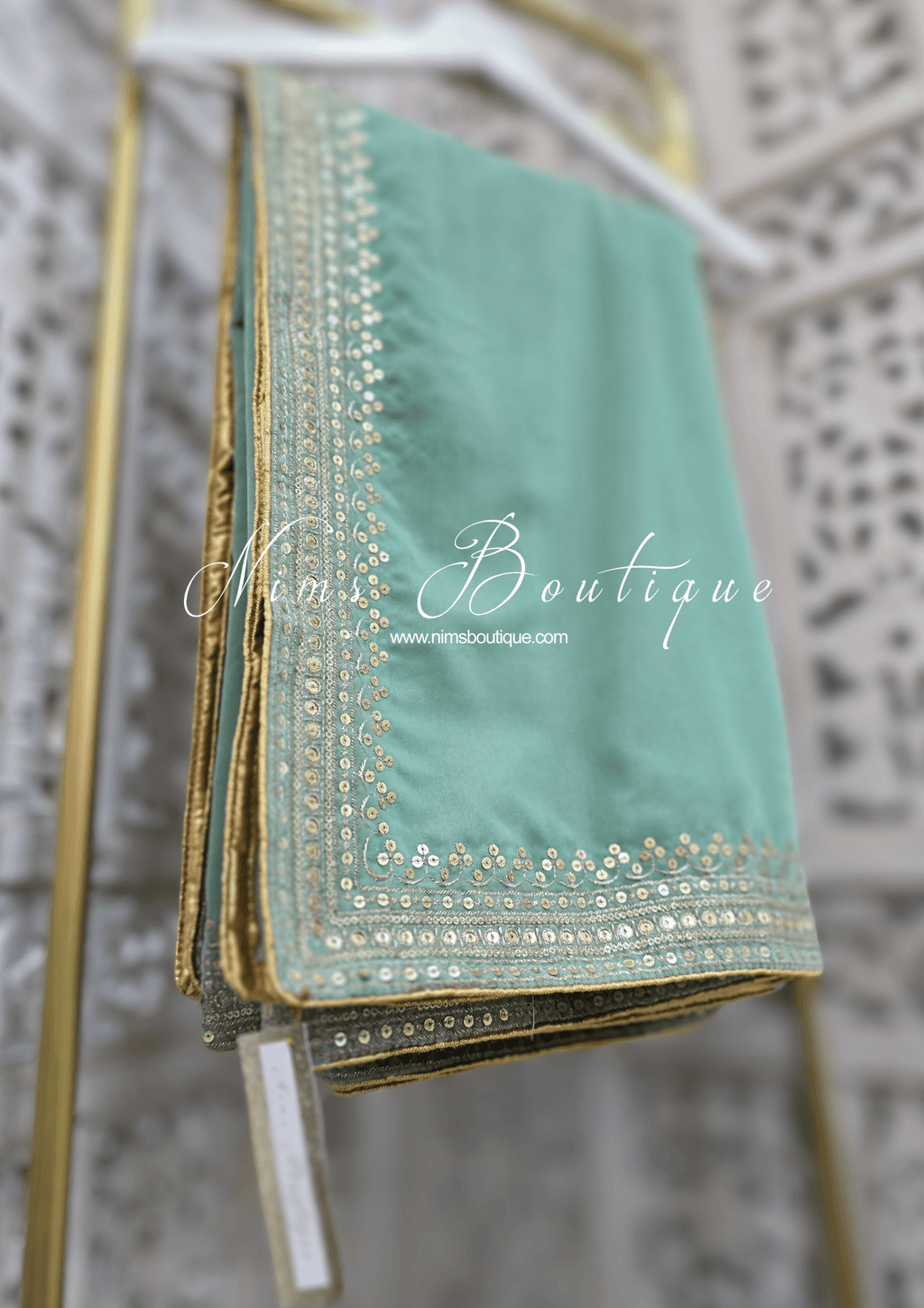 Nims Boutique Luxury Mint Green Velvet Embroidered Shawl