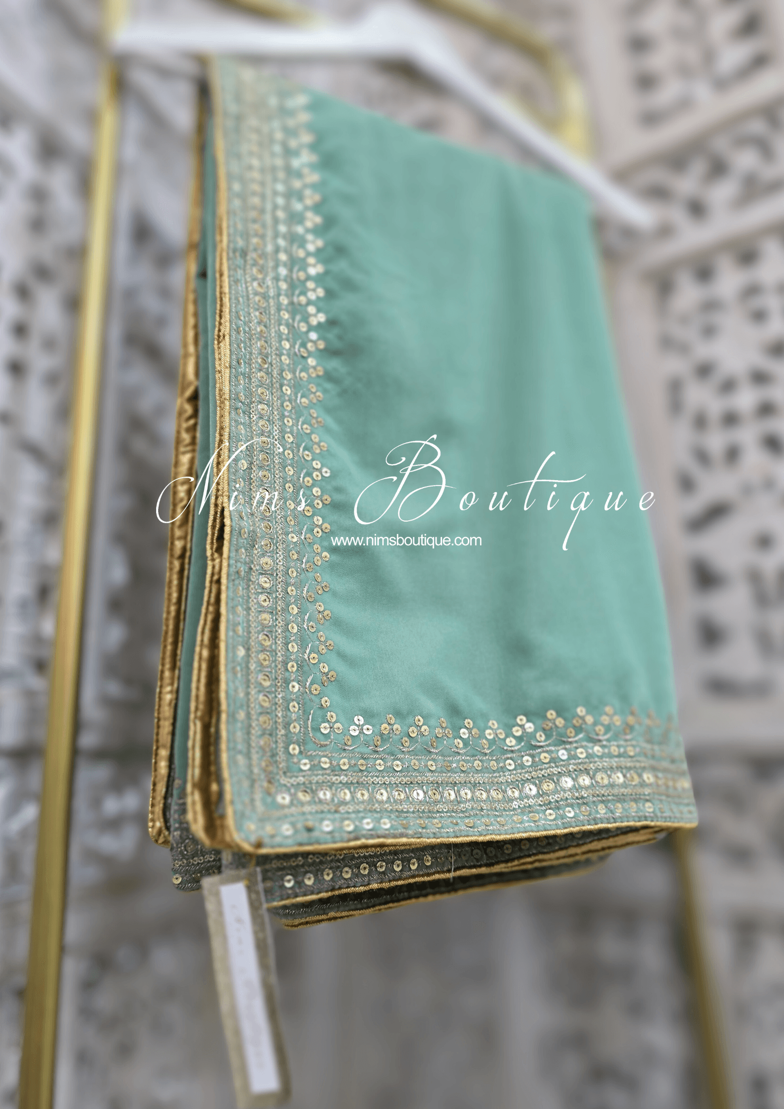 Nims Boutique Luxury Mint Green Velvet Embroidered Shawl