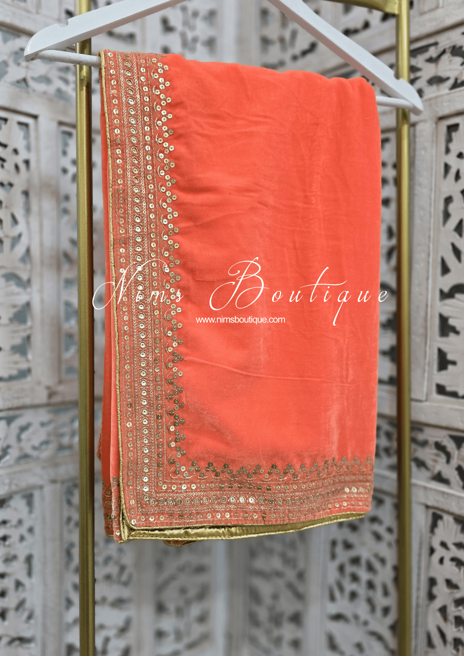 Nims Boutique Luxury Bright Peach Velvet Embroidered Shawl