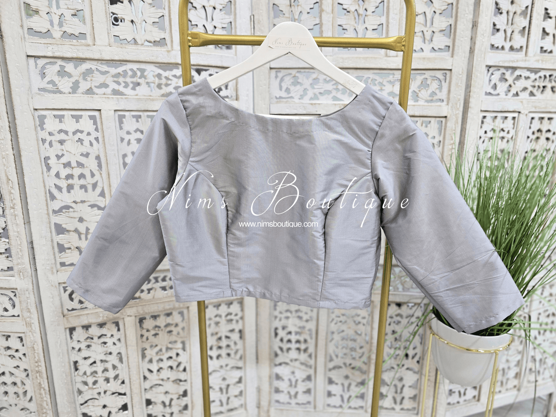 Nims Boutique Grey Silk High Neck Blouse with sleeves 4-20