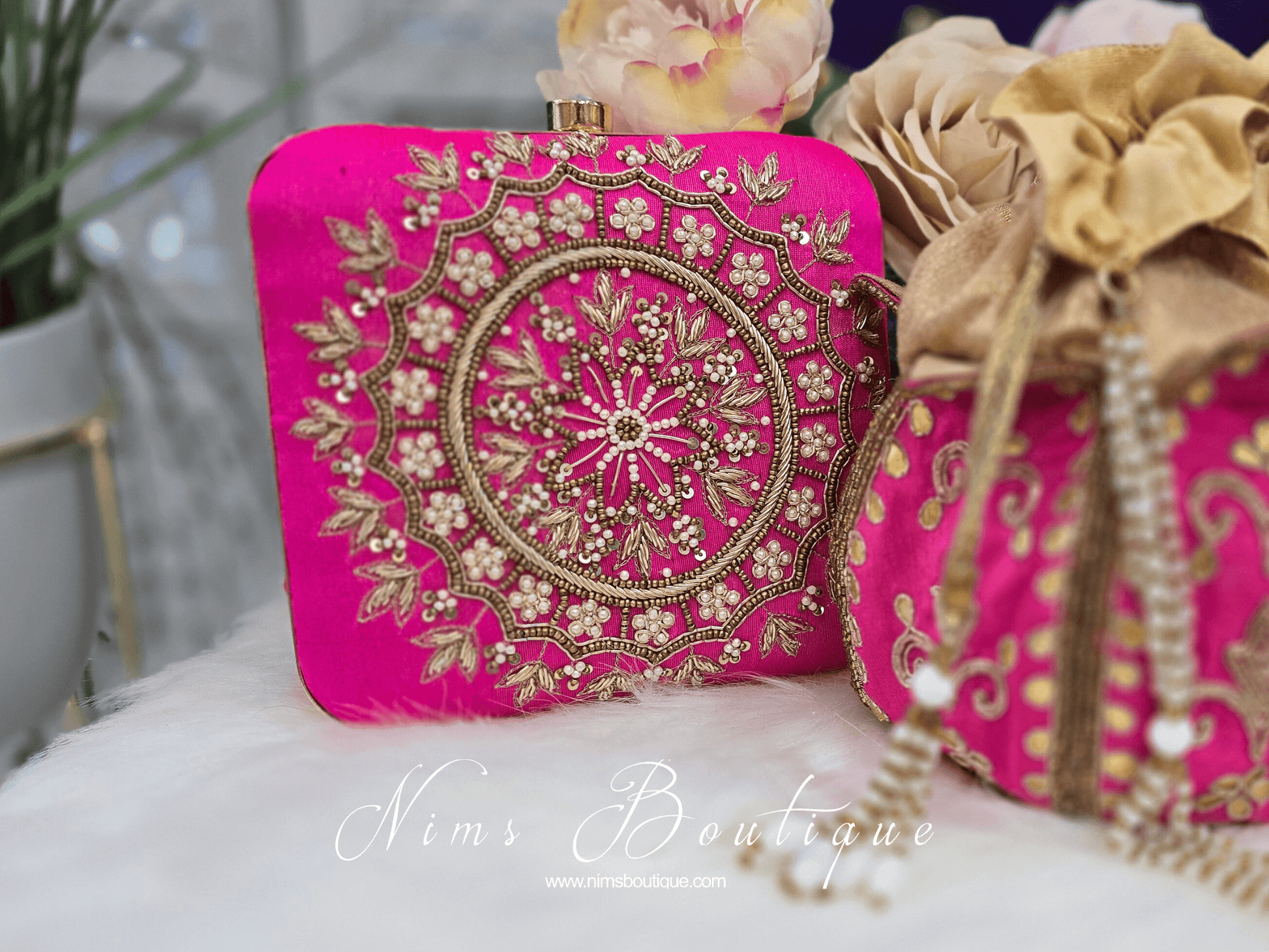 Nims Boutique Large Pink Raw Silk Pearl Embellished Clutch Bag