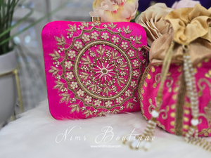 Large Pink Raw Silk Pearl Embellished Clutch Bag