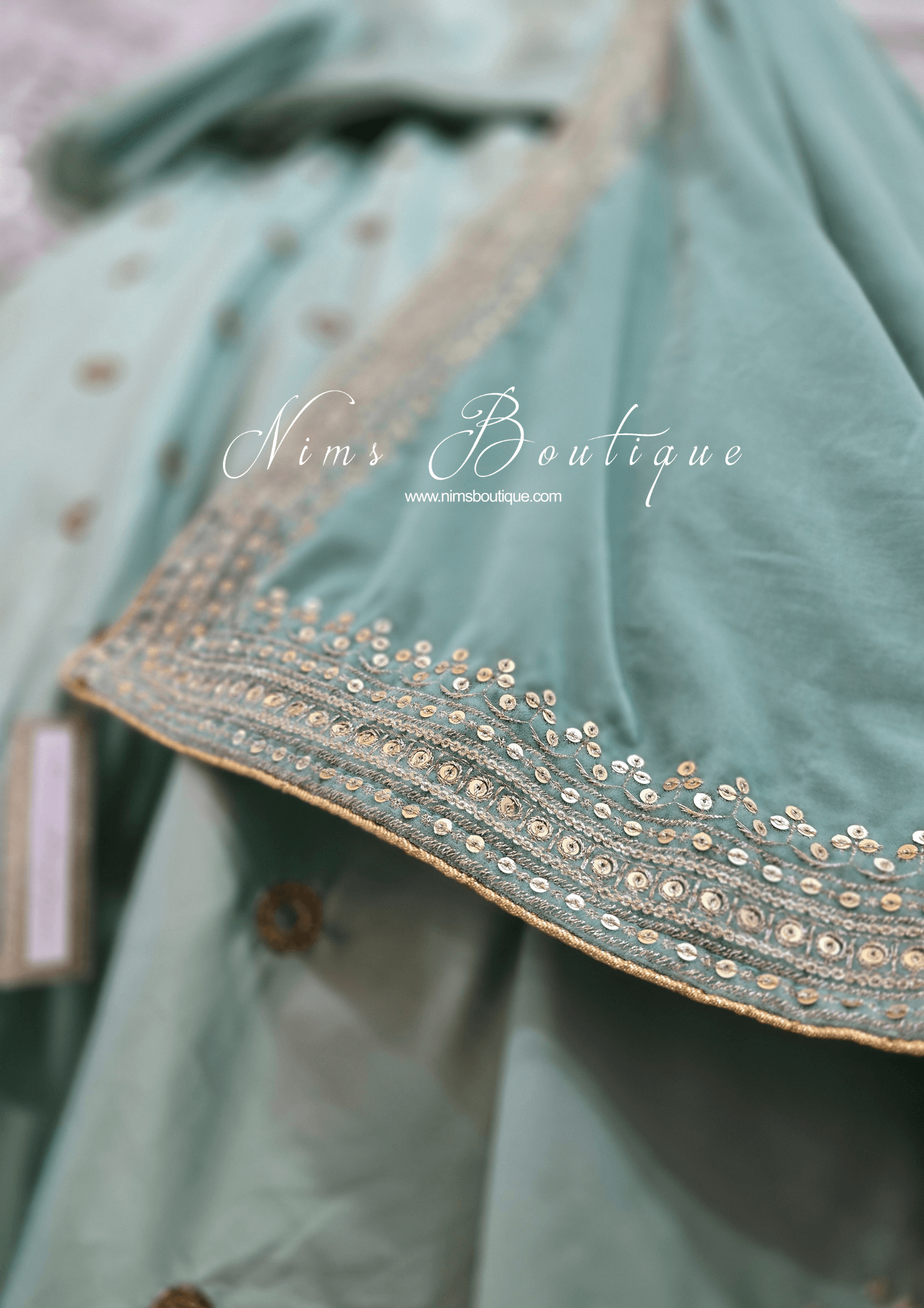Nims Boutique Luxury Mint Green Velvet Embroidered Shawl