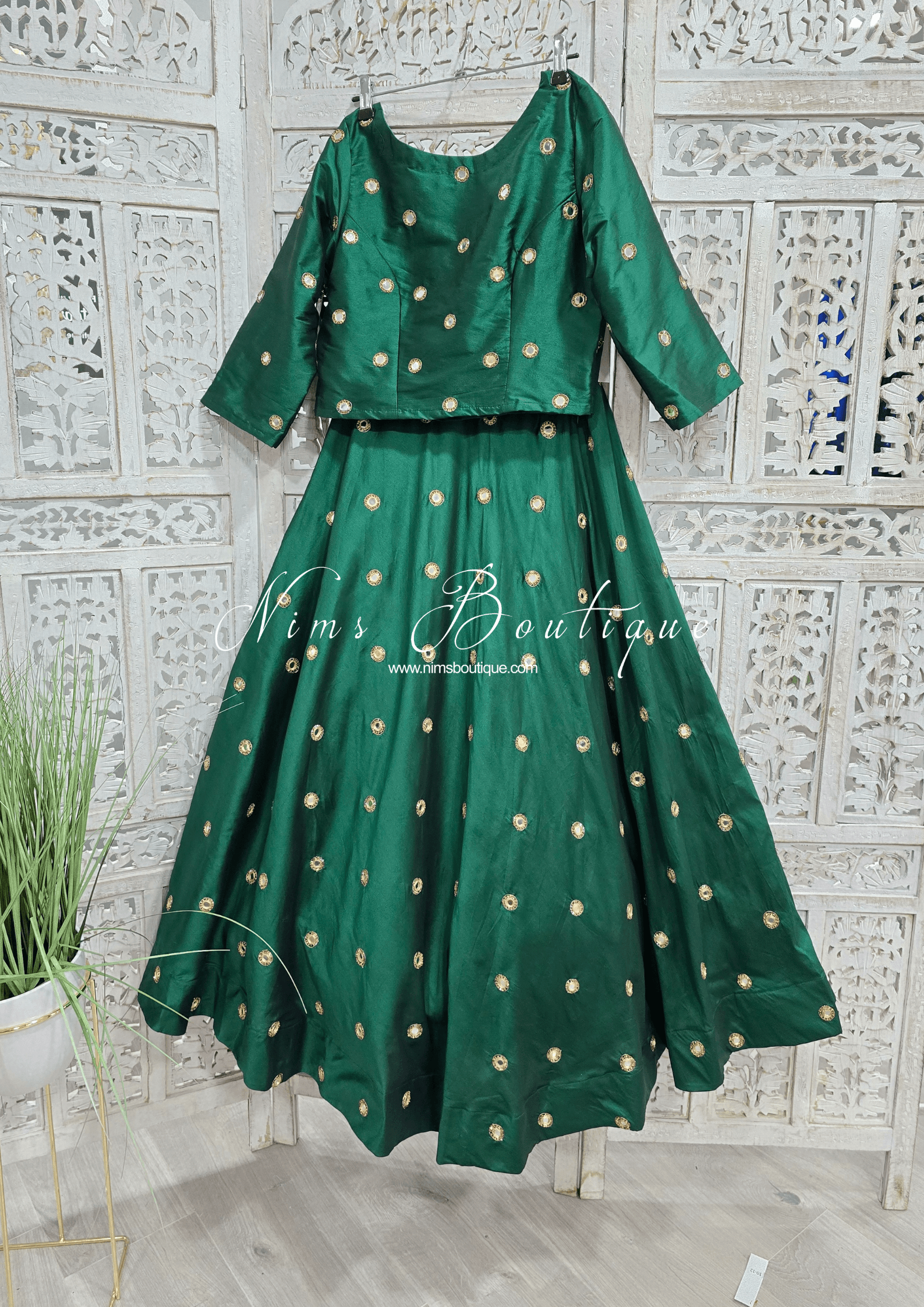 Nims Boutique Rani Luxury Silk Dark Green Mirror readymade skirt/lehnga size 4-18