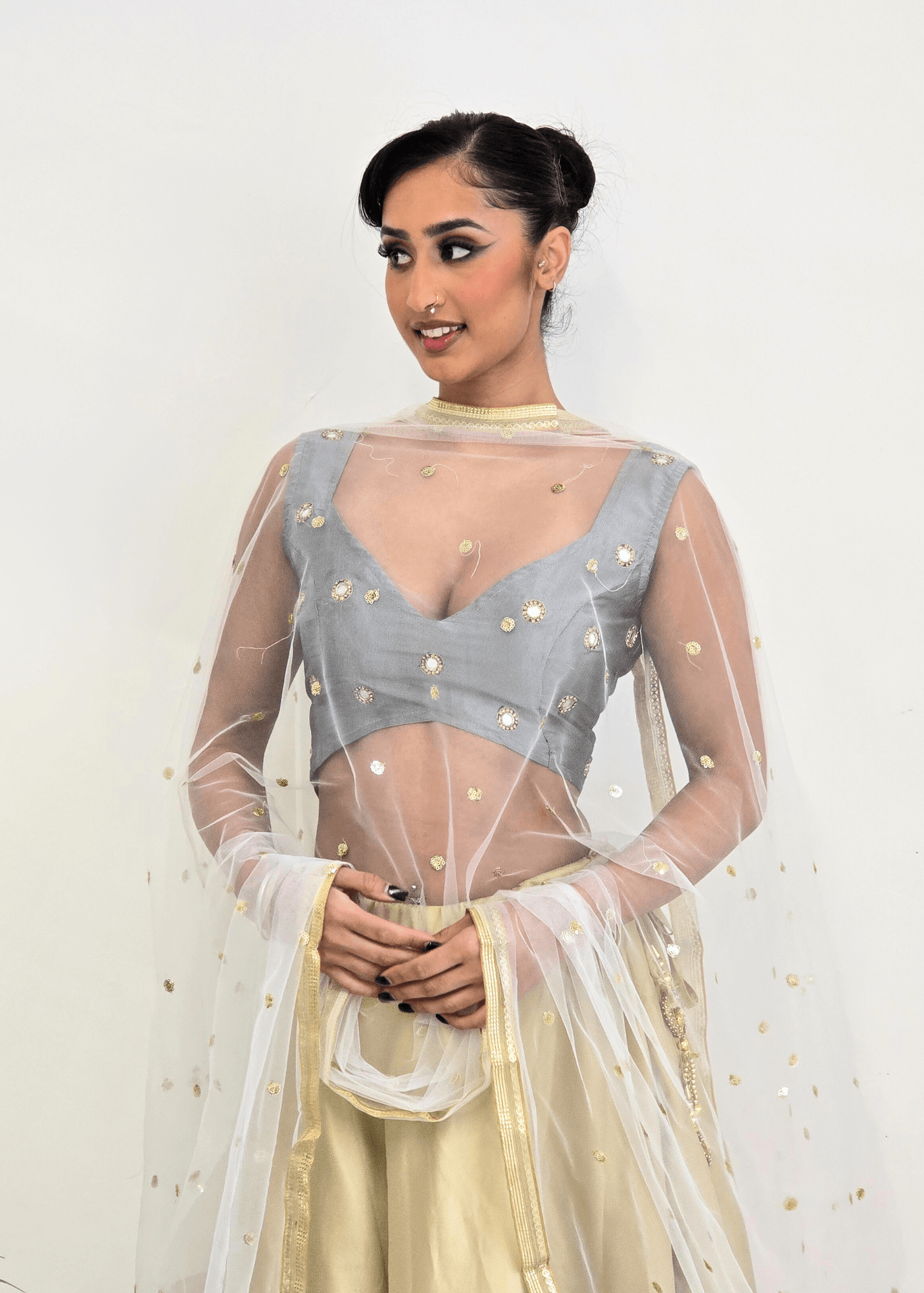 Nims Boutique White Net Sequin Dupatta/Chunni
