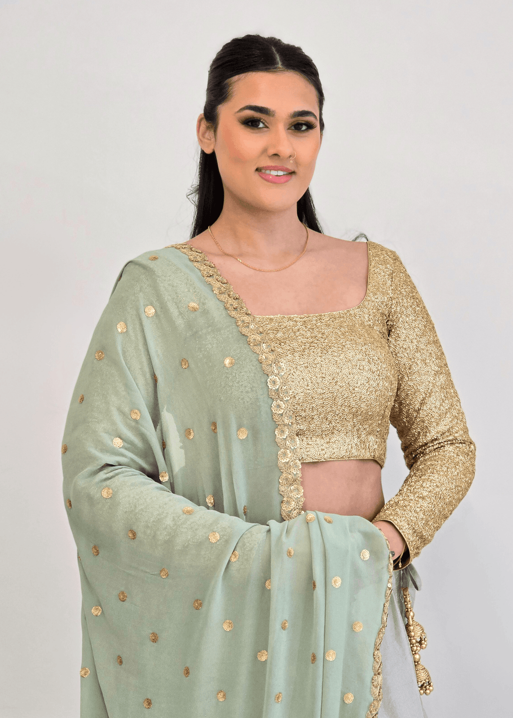 Nims Boutique Ria Luxury Sage Green Georgette Dupatta/Chunni