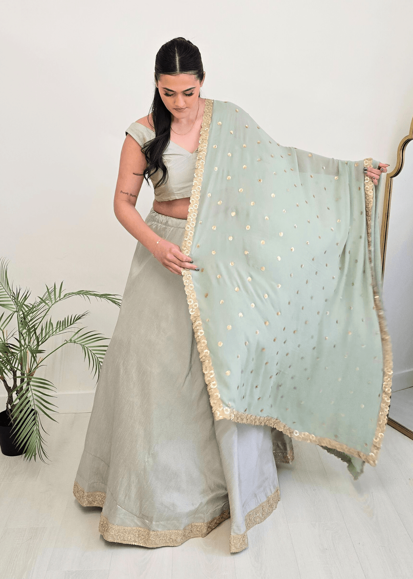 Nims Boutique Ria Luxury Sage Green Georgette Dupatta/Chunni