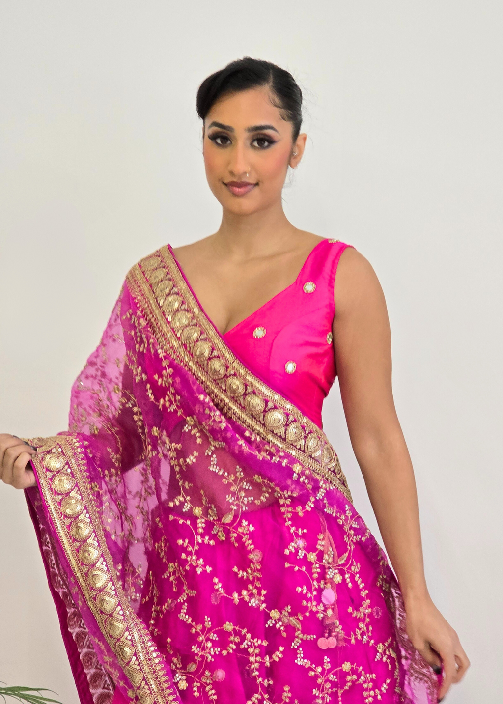 Mahi Luxury Cerise Pink Organza Embroidered Dupatta/Chunni