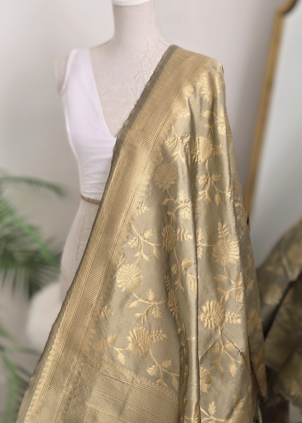 Dusky Sage Floral Silk Banarsi Dupatta/Chunni