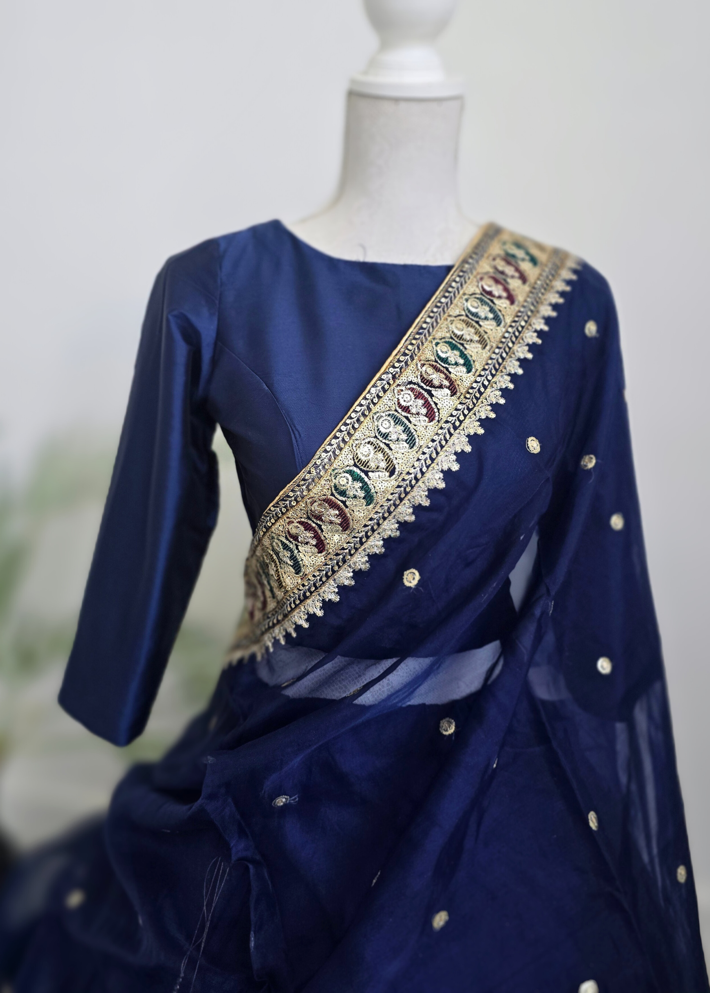 Navy Blue Silk High Neck Blouse with sleeves (size 4-26)