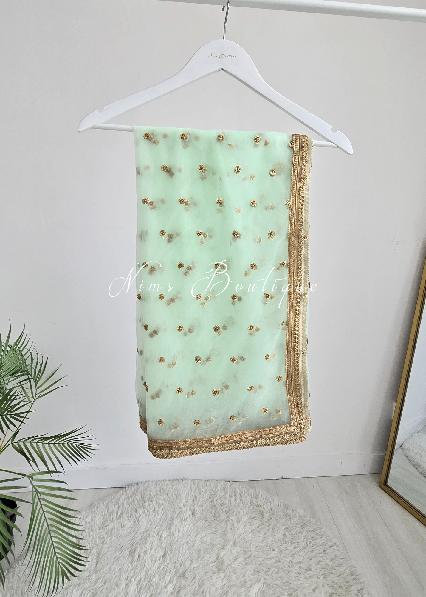 Luxury Mint Green Net Sequin Dupatta/Chunni (LNS9)
