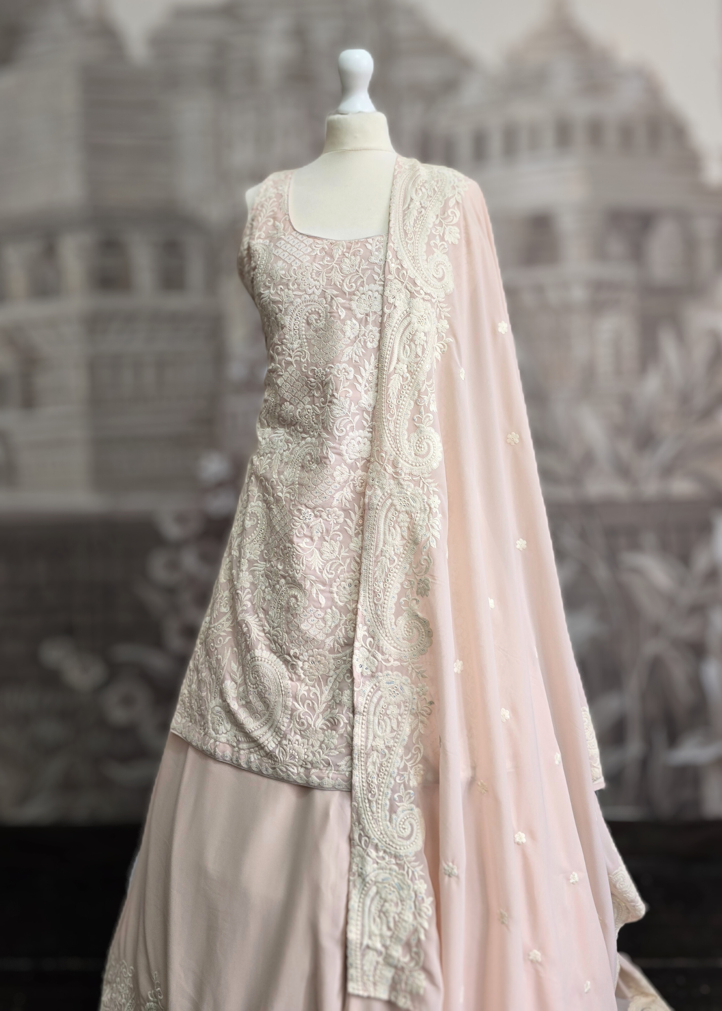 Ivory & Light Peach Thread Embroidered Sharara Suit (Size 10-12)
