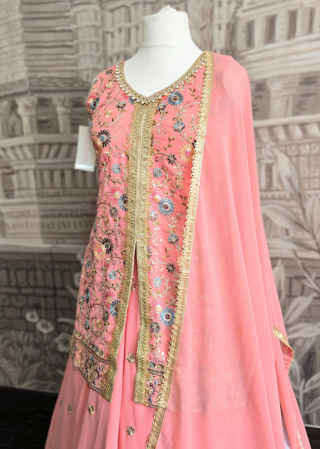 Peach Embroidered Sharara Suit (Size 10-12)