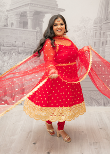 The NB Luxury Red Silk Anarkali Pajami Suit with sleeves (size 12-24)
