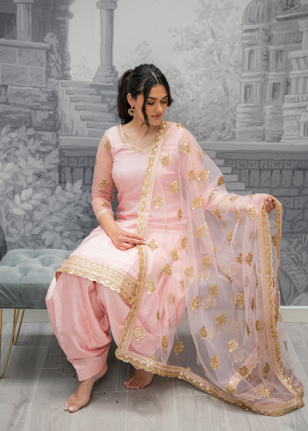 Long Sleeved Blush Pink Silk Salwar Suit (4-24)