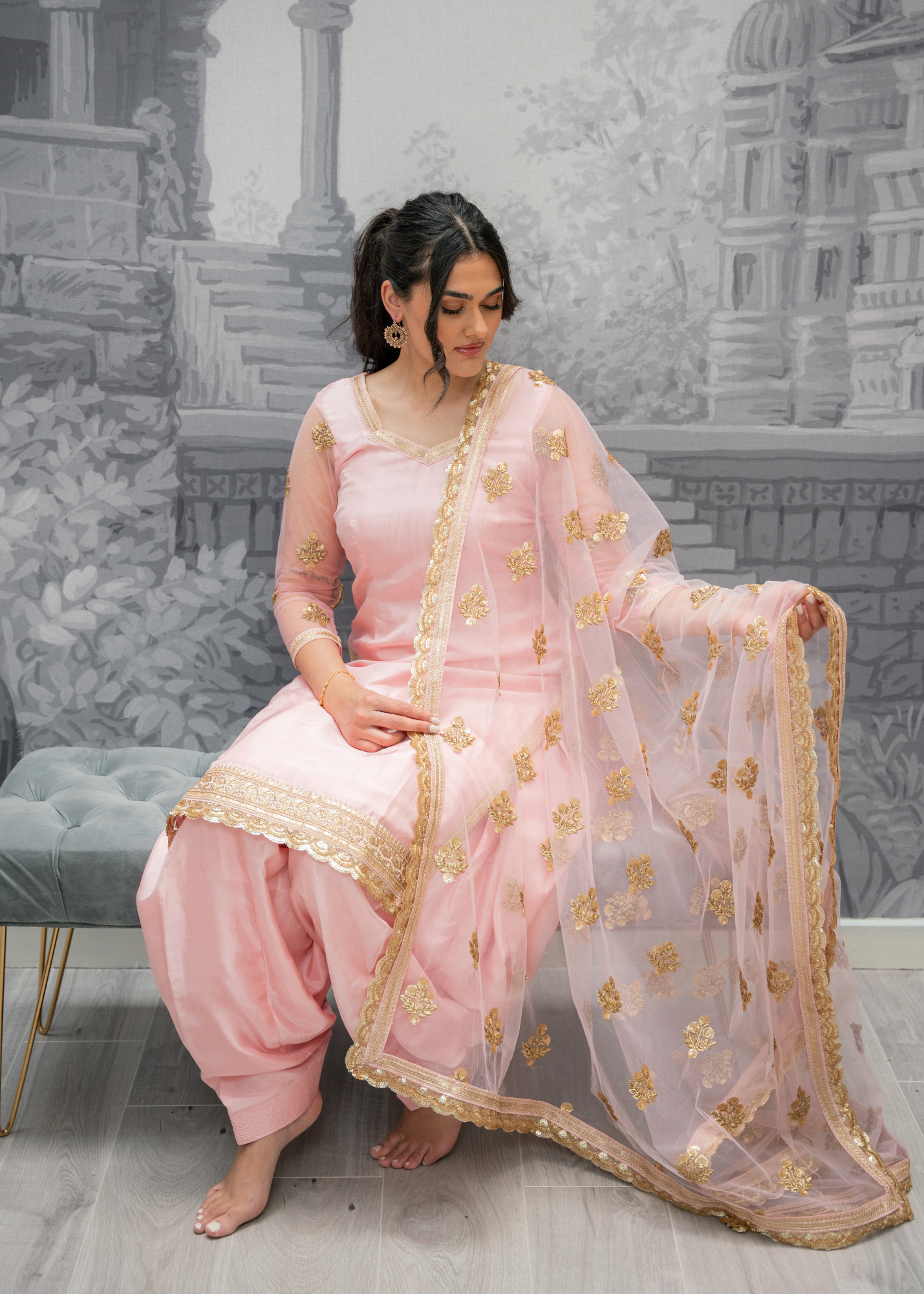 Long Sleeved Blush Pink Silk Salwar Suit (4-24)