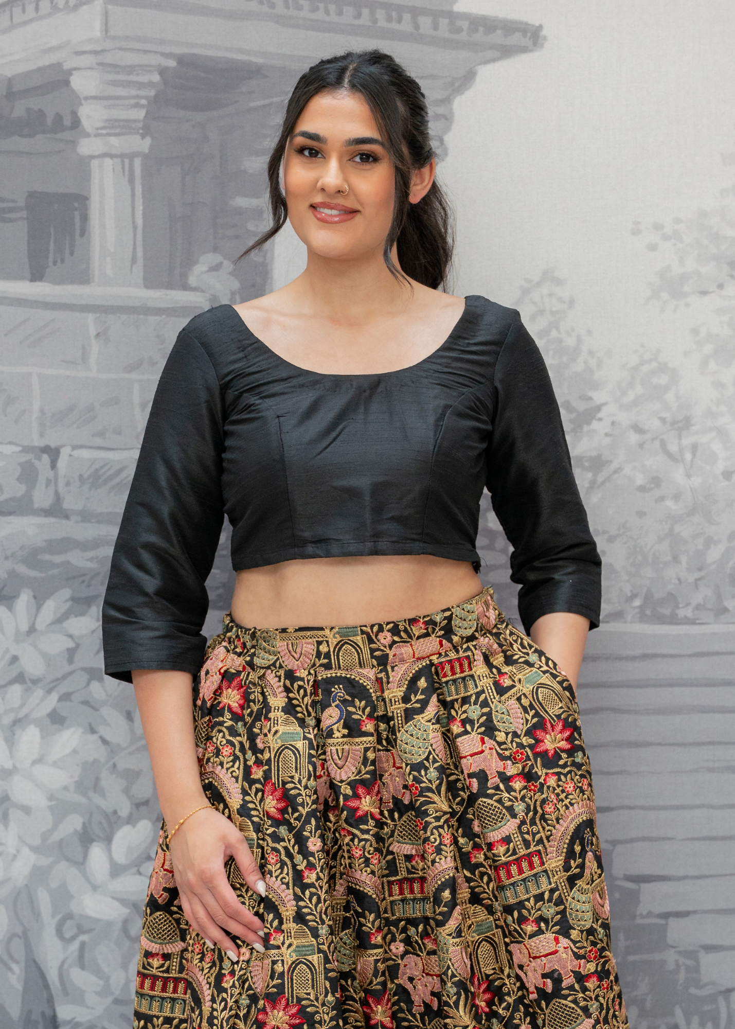 Black Raw Silk Scoop Neck Blouse with sleeves (4-26)