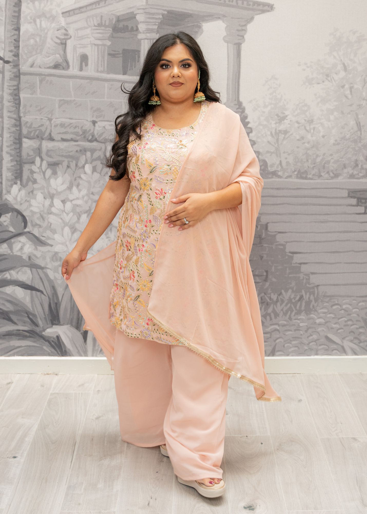 Peach Embroidered Sharara Suit (Size 16-20)