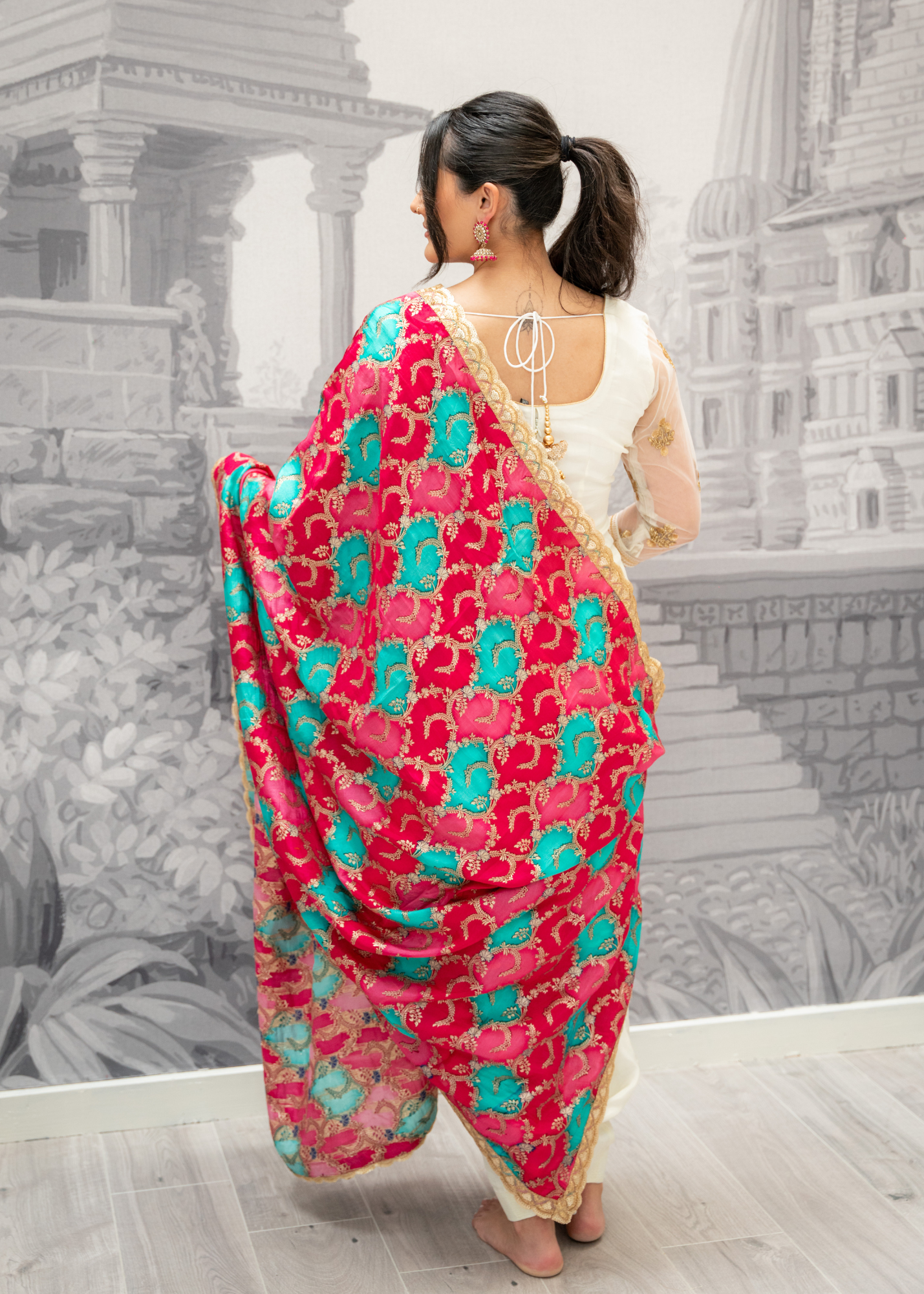 Long Sleeved Ivory Silk & Multicolour Salwar Suit (8-20)