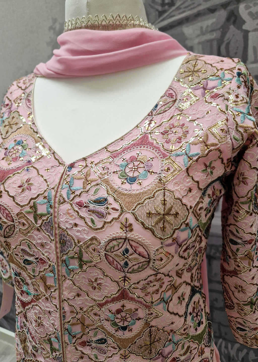 Pink Multicolour Embroidered Sharara Suit (Size 10-12)