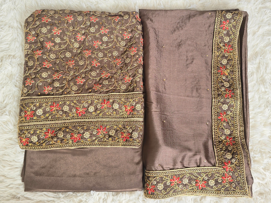 Unstitched Mocha Brown Embroidered Suit