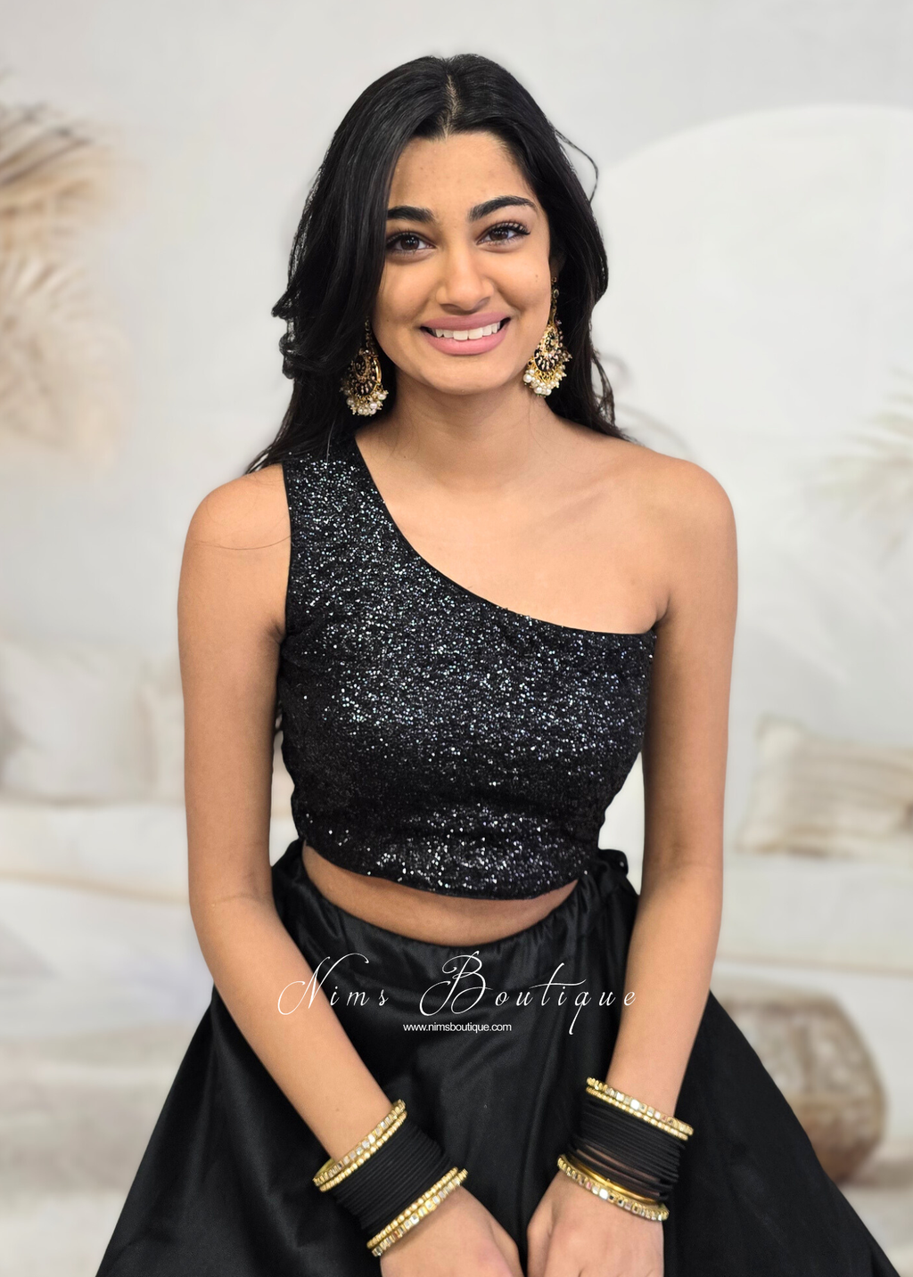 Luxury One Shoulder Black Sequin Blouse (4-22)