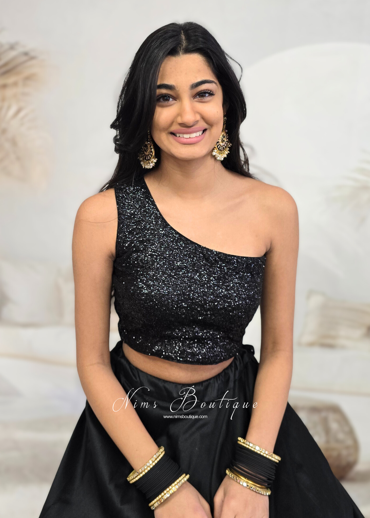 Luxury One Shoulder Black Sequin Blouse (4-22)