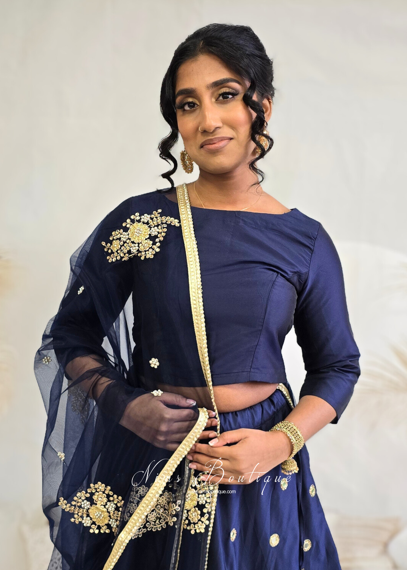 Navy Blue Silk High Neck Blouse with sleeves (size 4-26)