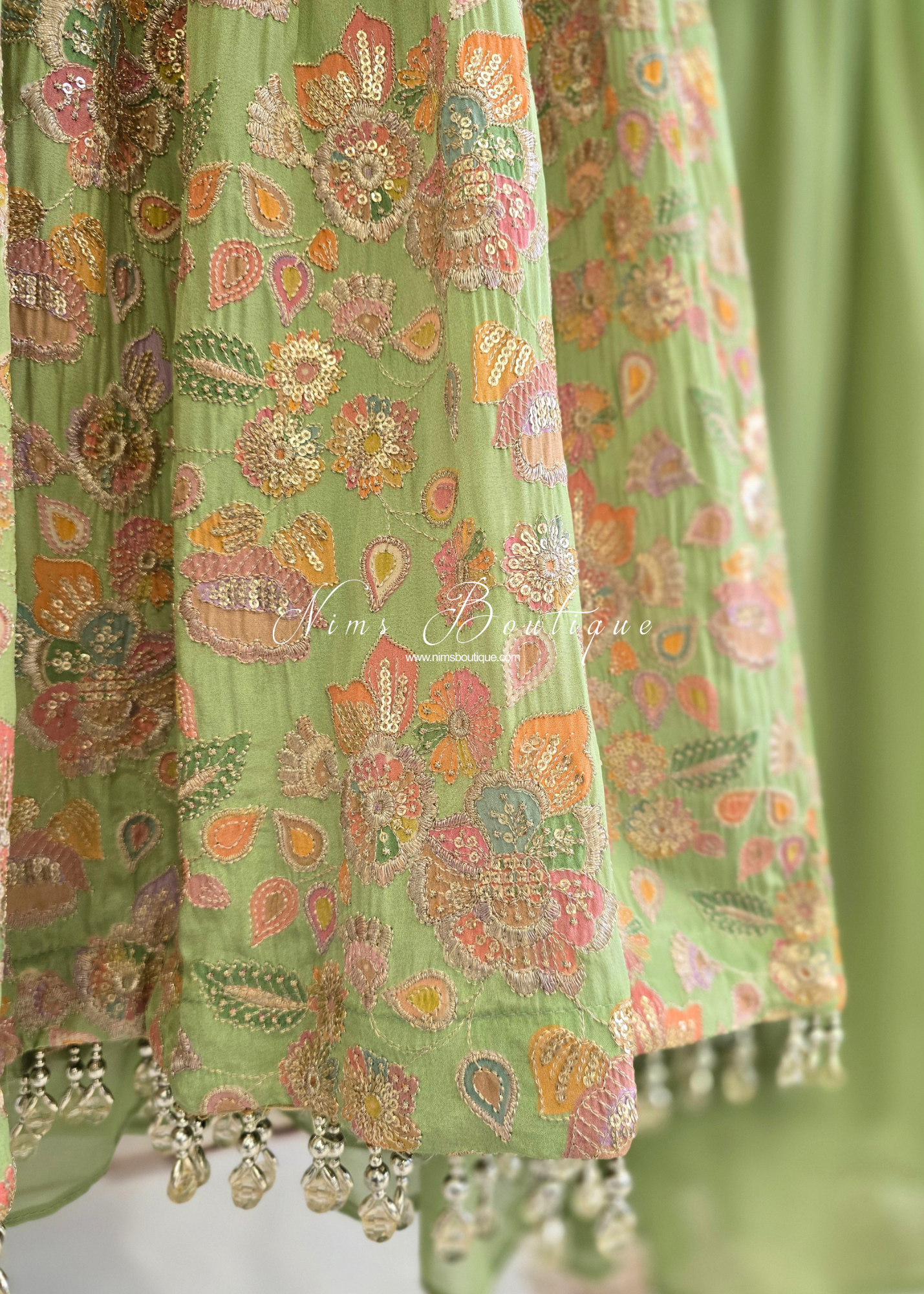 Lime Pastels Frock Thread Embroidered Gharara Suit (size 12)