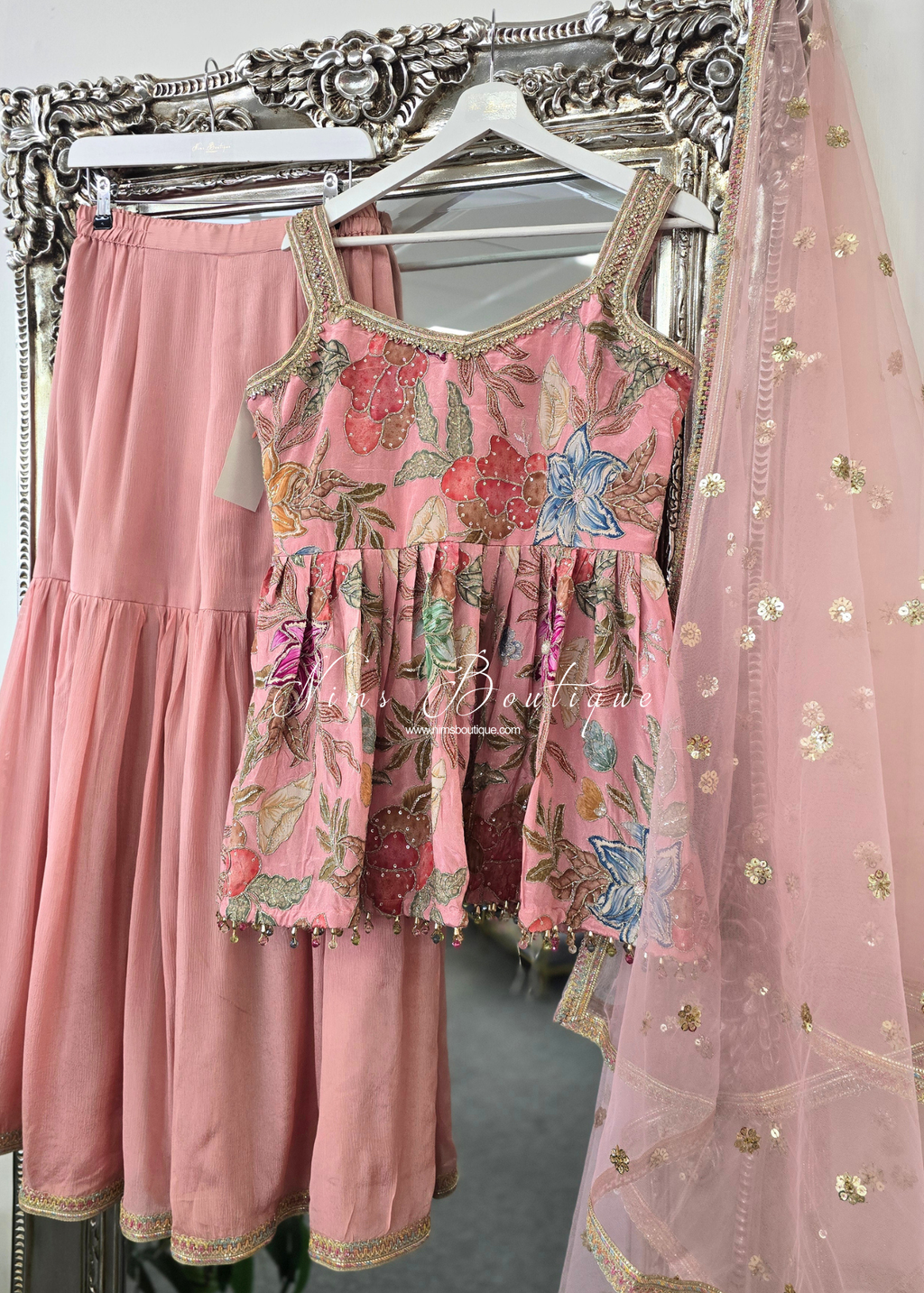 Peachy Pink Frock Thread Embroidered Gharara Suit (size 12-14)