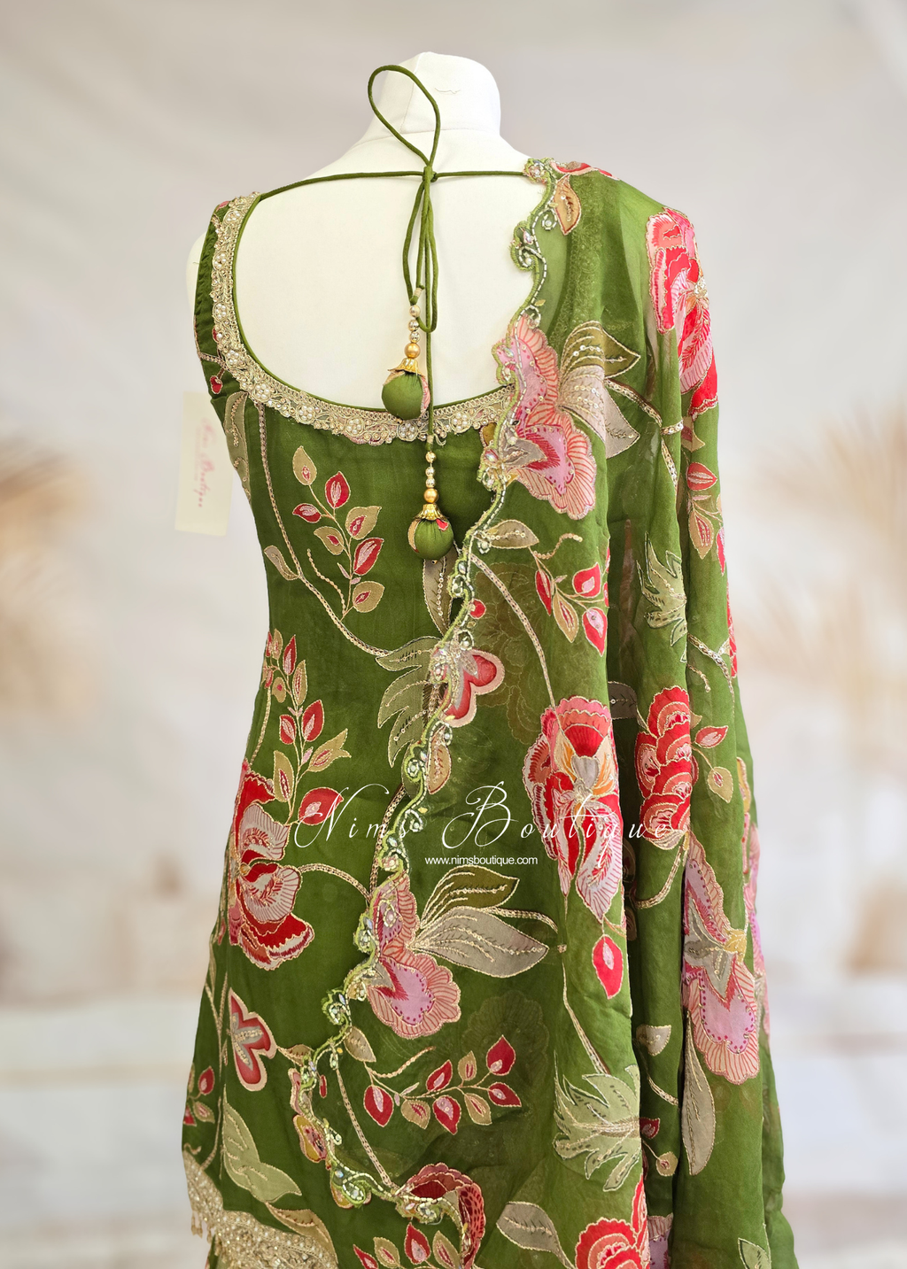 Luxury Olive Green Embellished Gharara Suit (size 10-12)