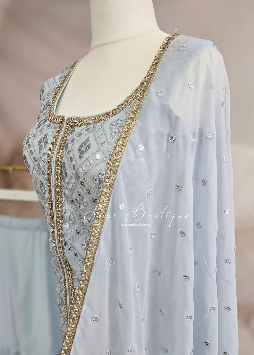 Light Blue Thread Embroidered Gharara Suit (size 12)