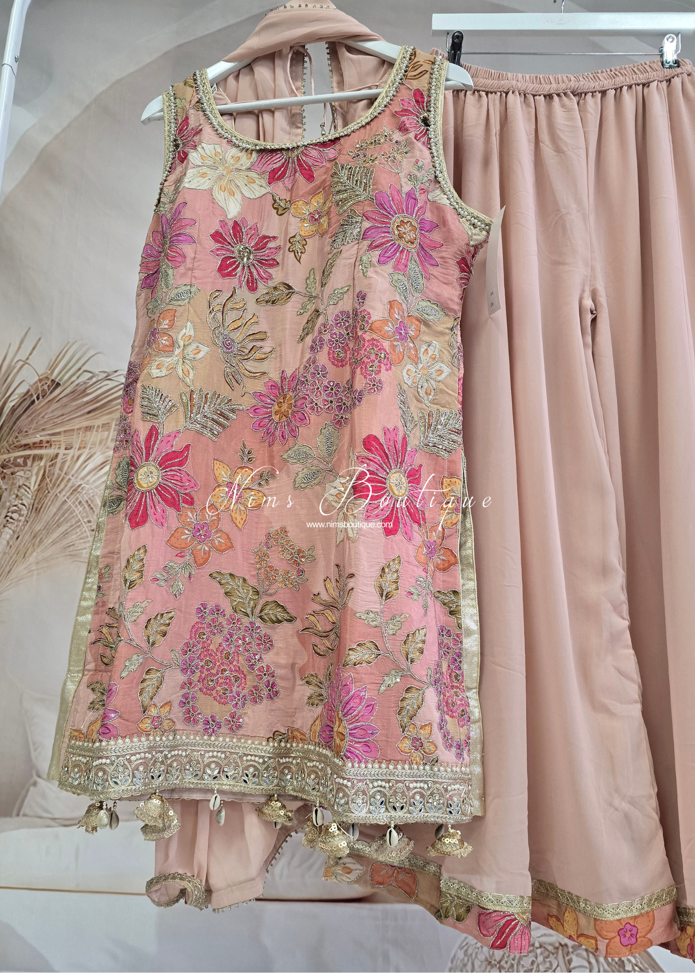Peach Floral Thread Embroidered Sharara Suit (size 18-20)