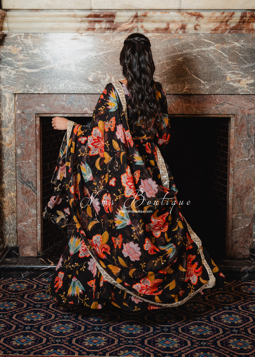 Evelina Black & Orange Floral Dupatta/Chunni