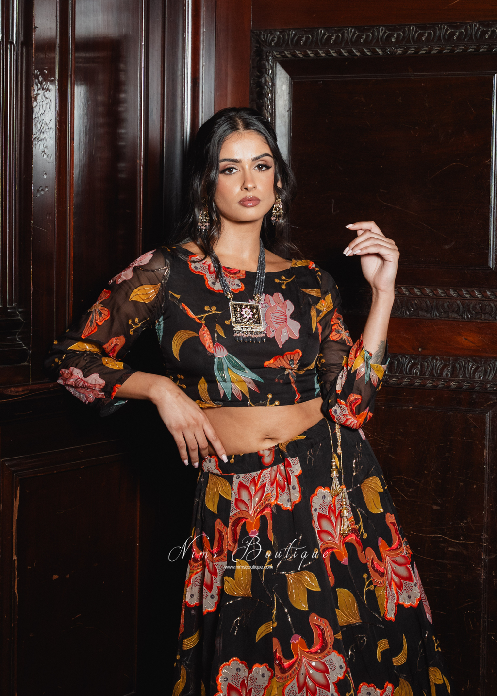 Evelina Black & Orange Floral Long Sleeve Blouse (sizes 6-24)