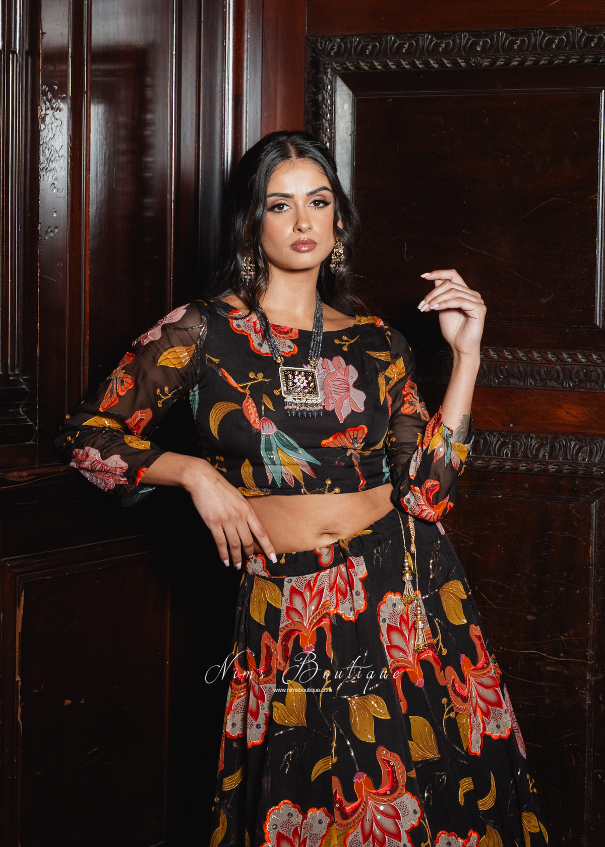 Evelina Black & Orange Floral Long Sleeve Blouse (sizes 6-24)