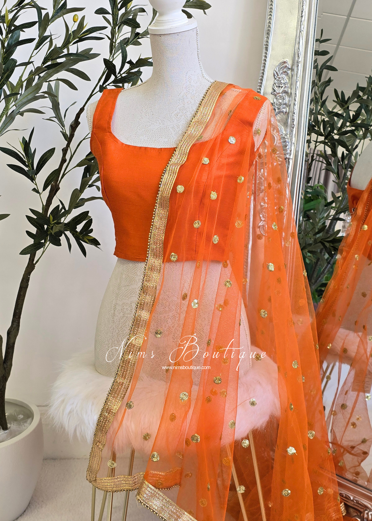 NB Orange Net Sequin Dupatta/Chunni (Bead edging)