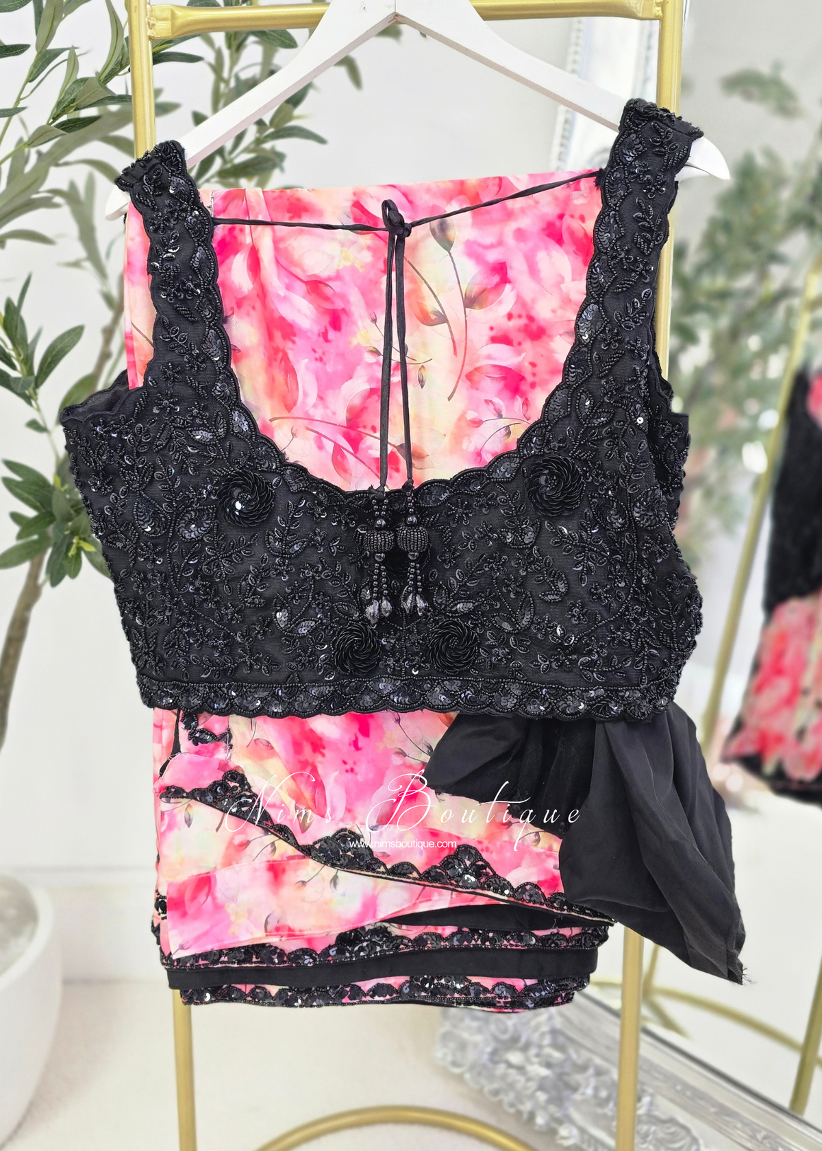 Luxury Black Beaded & Satin Floral Saree