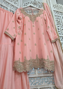 Nims Boutique Pink/Peach Stonework Sharara Suit Size 18-20