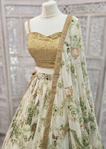 Florella Ivory & Green Georgette Dupatta/Chunni